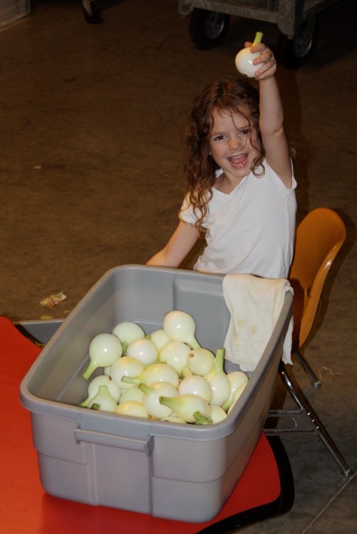 Maeve cleaning onions.