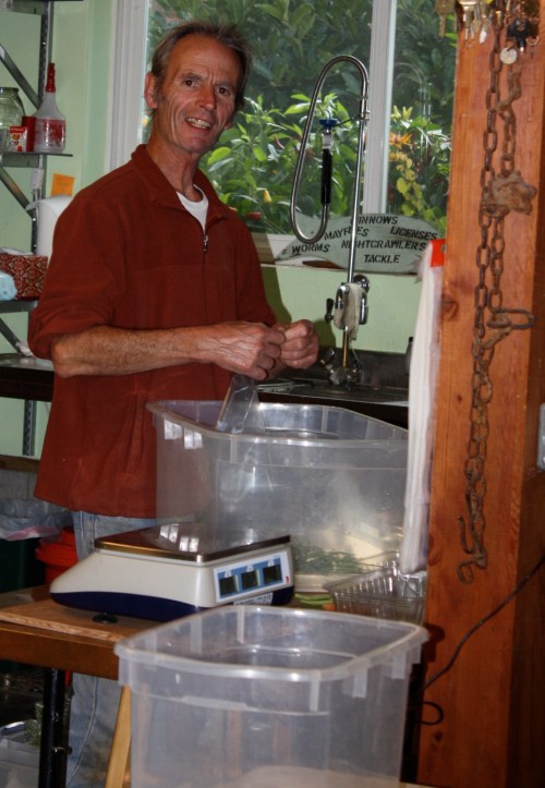 Scott weighing out the green beans.