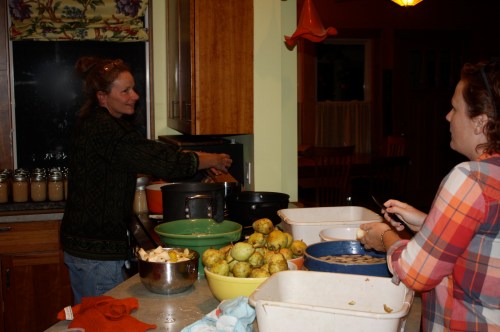 We called ourselves LaVerne and Shirley and chugged along. 10+ hours of pear slicing.