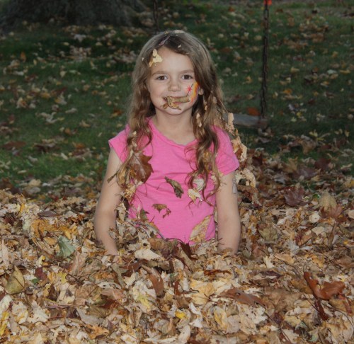 Maeve at the end of the leaf pile fun....